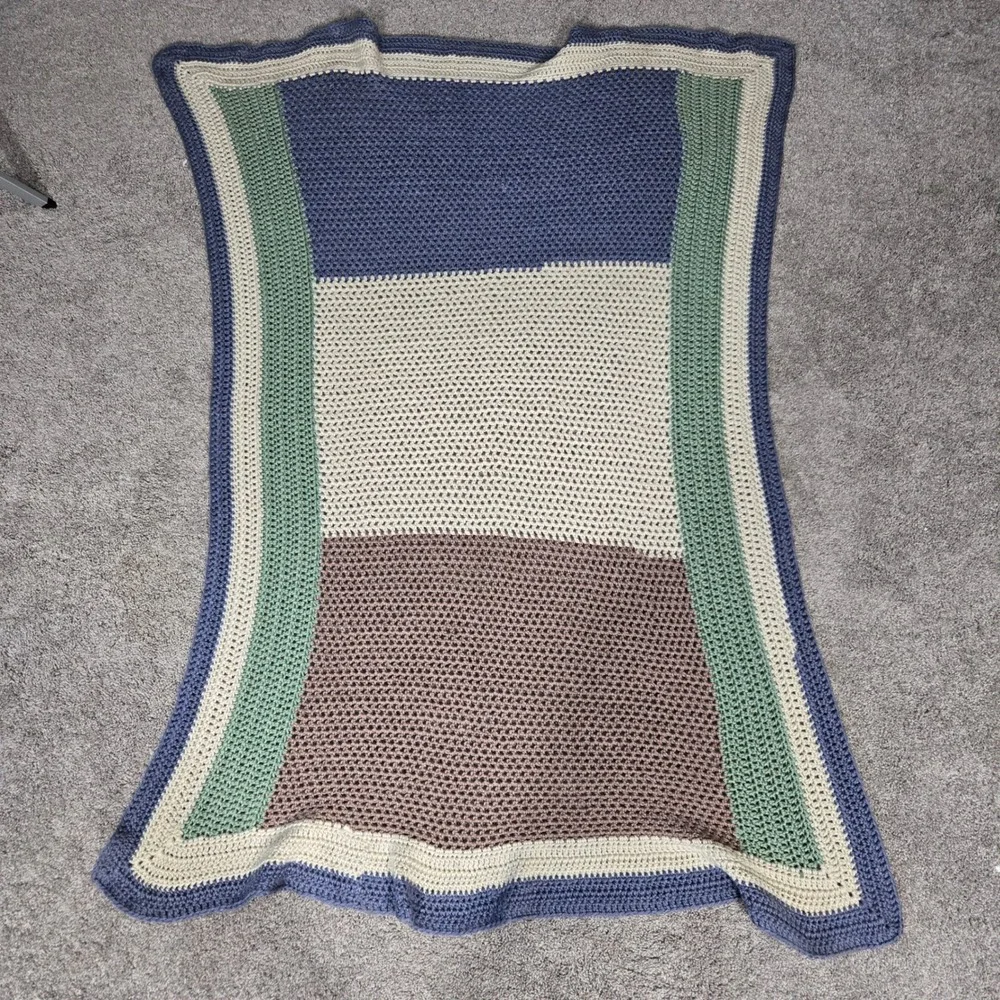 Handmade Crochet Throw Blanket Colorblock Blue Green Cream Mauve Afghan‎ 34x57